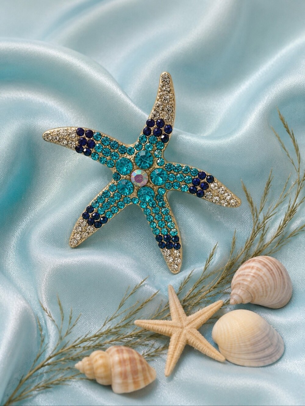 Rhinestone Starfish Brooch - Teal Blue Sparkle